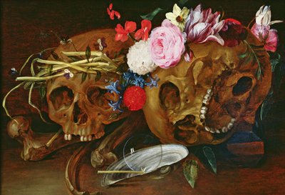 Vanitas Still Life with Skulls, Flowers, a pearl mussel shell, a bubble and straw by Nicolaes van Veerendael